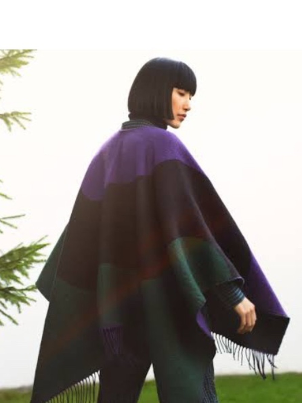 Uniqlo x Marimekko Reversible Colorblock Fringe Poncho Ruana Purple Dark Green